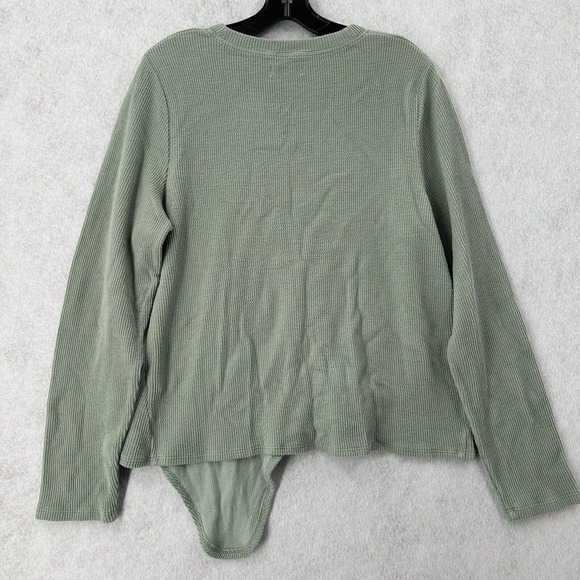 Madewell Rib Knit Top Womens XL Green Thermal Ribbed Asymmetrical Long Sleeve - Picture 2 of 7